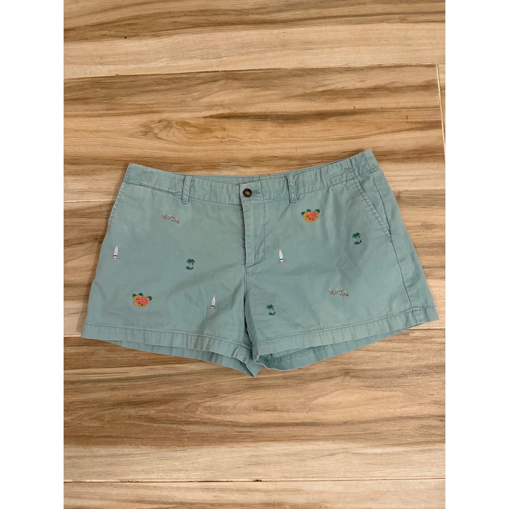 Polo Ralph Lauren Women Aqua Blue Tropical Aloha Embroidered Chino Shorts Size 8
